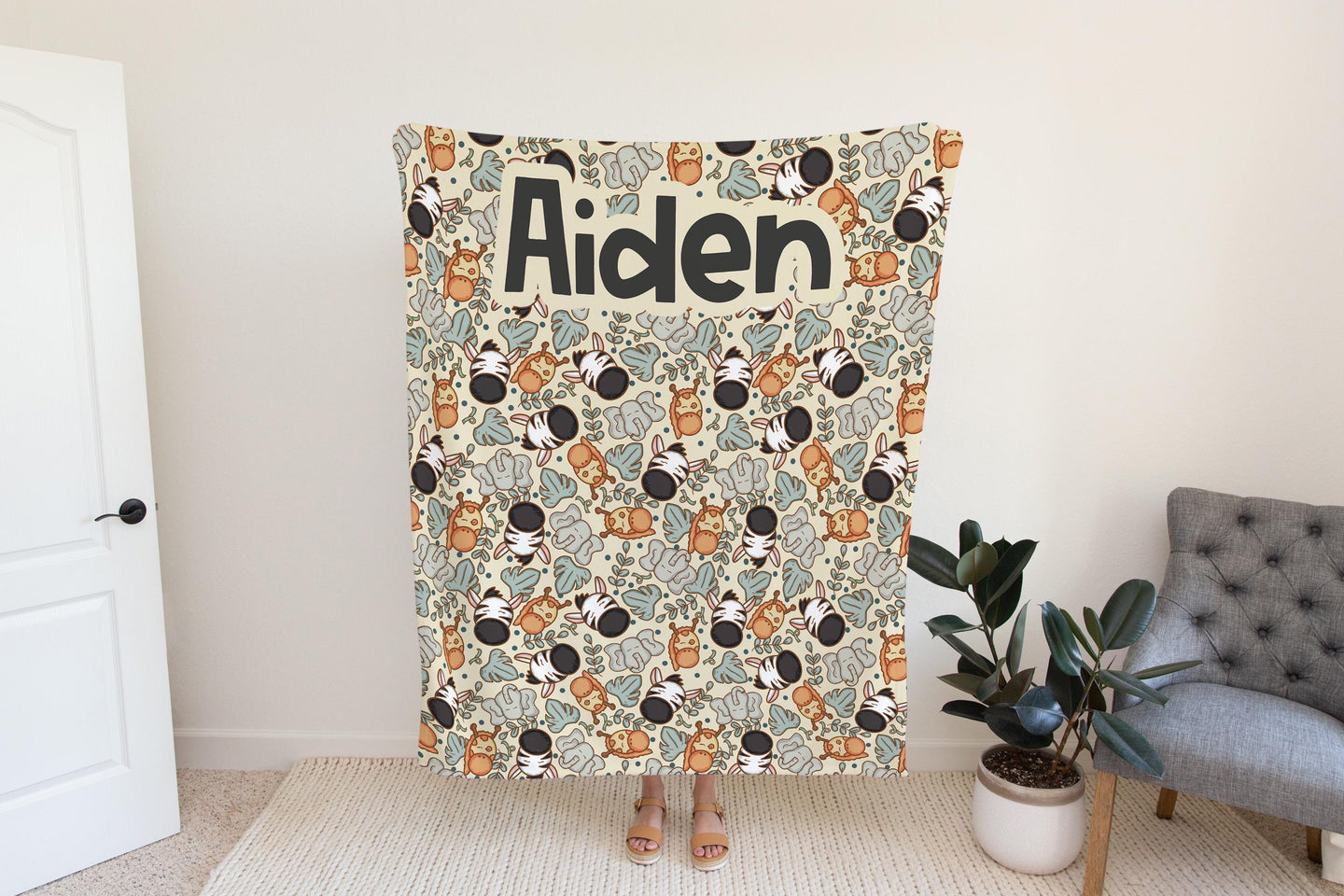 Personalized blanket for boys, safari animal blanket zoo theme, unisex birthday gift for him, custom name baby blanket baby shower gift